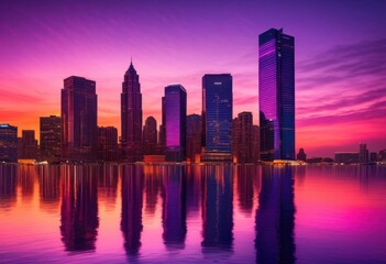Fototapeta premium stunning vibrant city skyline dusk reflected glistening waters under colorful sunset, reflection, colors, lights, buildings, architecture, horizon, evening