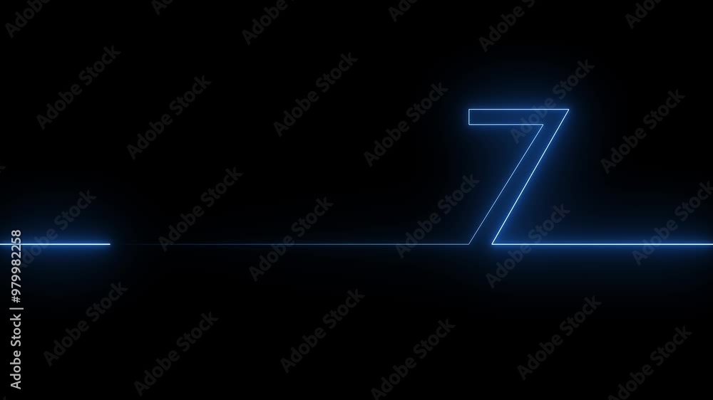 Poster abstract glowing neon text 7 number countdown icon . blue color animation background 4k animation.