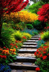 vibrant garden paths adorned bright flowers lush greenery creating picturesque landscape, arrangement, botanical, backyard, beauty, blossoms, colorful