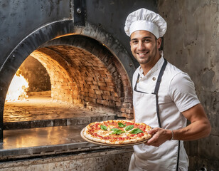 Magnifique Pizzaïolo sortant une pizza du four à bois