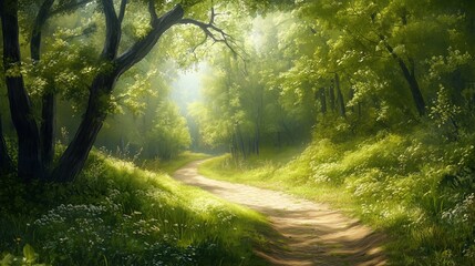 Fototapeta premium A peaceful dirt pathway meanders through a lush