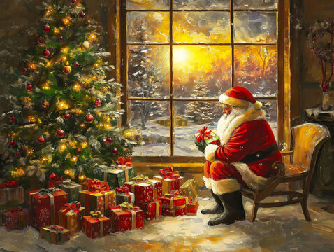 Santa puts presents under the tree