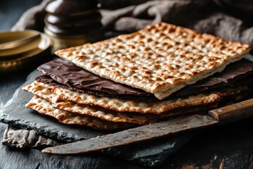 Fototapeta premium Matzah with chocolate cream and knife Delicious Passover snack