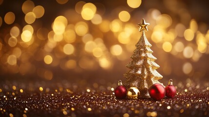Miniature gold Christmas tree with ornaments and red baubles