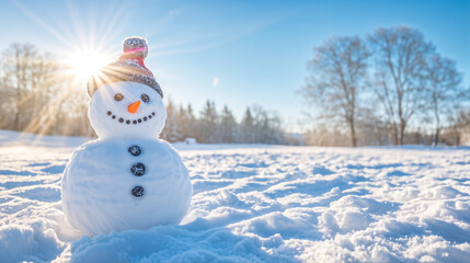 Obraz premium Smiling Snowman with Hat in Sunny Winter Field, Copyspace Winter Background