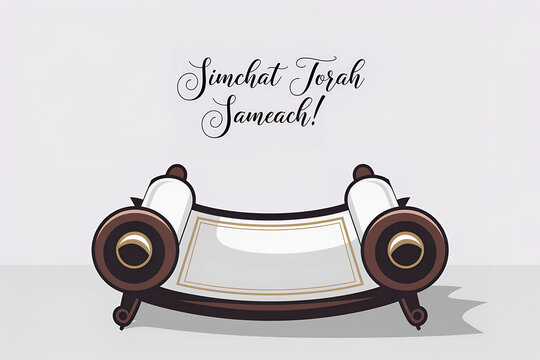 Elegant Torah Scroll Illustration with Simchat Torah Sameach Text, Beige and Brown Tones, Holiday Concept