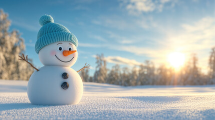 Obraz premium Smiling Snowman with Blue Hat in Sunny Winter Field, Copyspace Winter Background