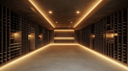 Obraz premium A contemporary wine cellar featuring minimalist design, soft lighting, and a standout bottle displayed for an exclusive ambiance