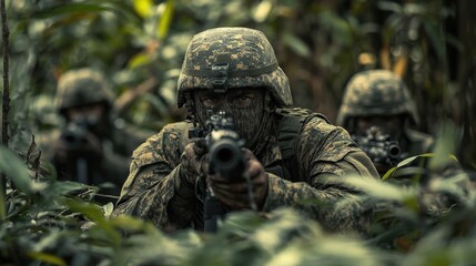 Soldiers navigate through dense jungle foliage, maintaining tactical formation and preparing for potential encounters during a military operation