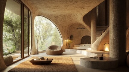 Innovative hempcrete home design with organic curves and natural light in a serene setting