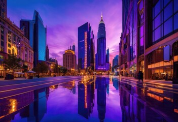 Fototapeta premium vibrant cityscapes featuring diverse architectural styles illuminated dusk light, architecture, skyline, buildings, urban, lights, modern, historical