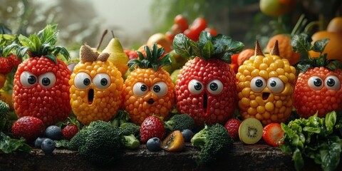 Fototapeta premium The engaging cityscape where lively fruits with faces transform ordinary moments into delightful and magical adventures