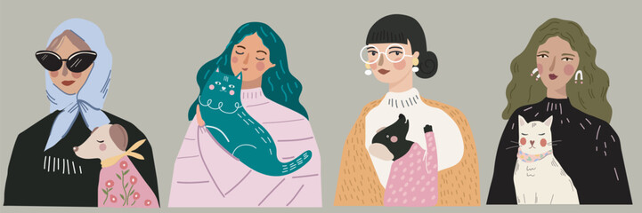Vector set.
Girls and pets. Hand drawn trendy vector flat illustration.  Design for banner, card, placard, brochure. 