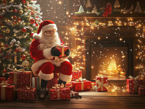 Santa puts presents under the tree