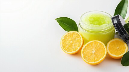   Close-up of a jar of orange juice with slices and leaves on a white surface and black lid
