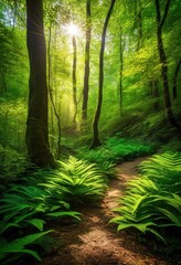 Obraz premium lush green forest trails illuminated dappled sunlight creating vibrant natural pathway experience, adventure, ambiance, biodiversity, canopy, colors