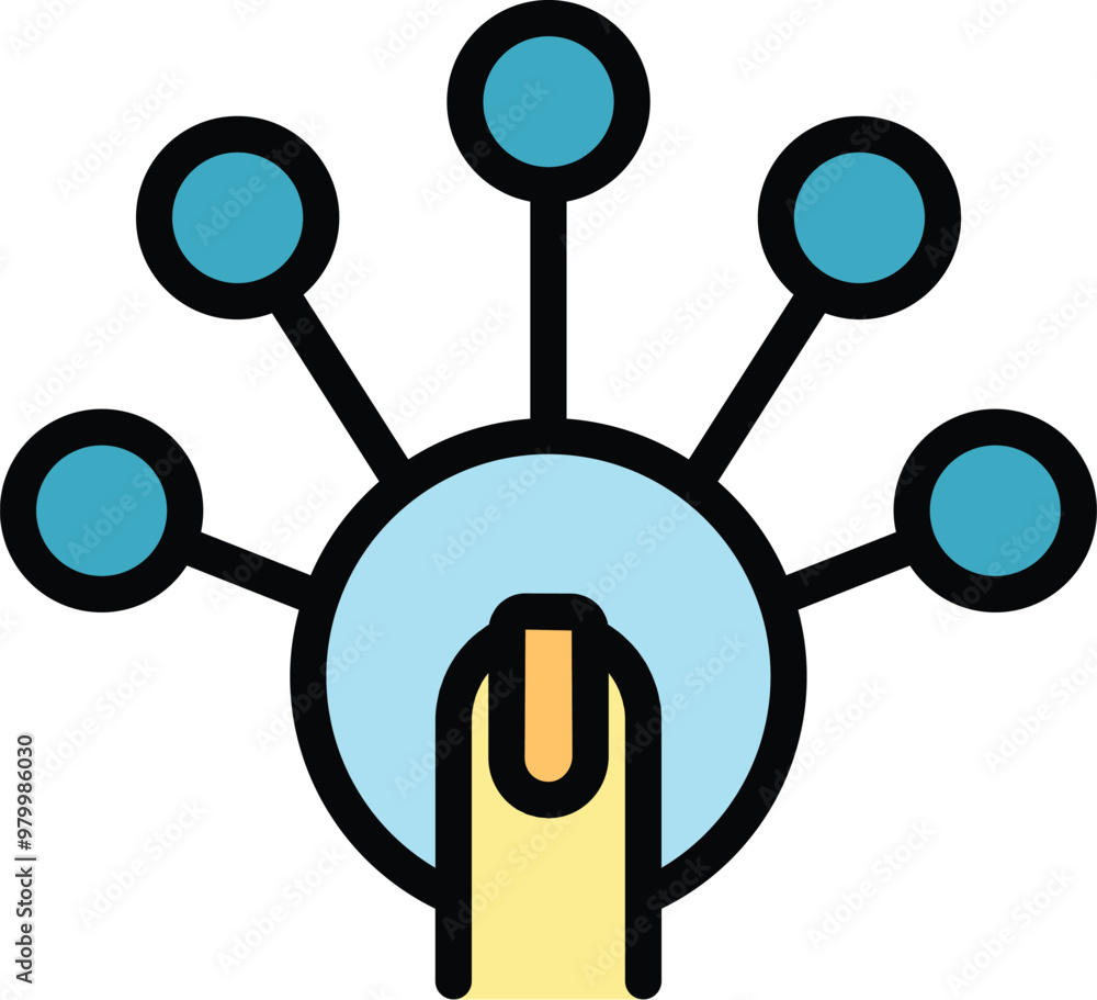 Poster finger is activating a digital network hub, symbolizing connection and data transfer