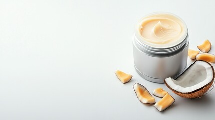   A jar of cream sits on a white table beside a cut-in-half coconut and scattered fruits