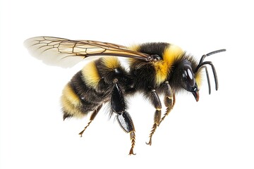 Wild American bumblebee - Bombus pensylvanicus - flying mid air with wings extended. Isolated on white background side profile view.generative ai