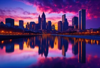 Fototapeta premium stunning urban skyline dusk featuring vibrant colors illuminated buildings twilight sky, architecture, cityscape, downtown, landscape, night, lights