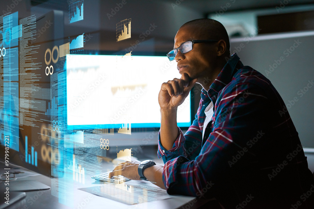 Leinwandbilder Man, thinking and programmer in office with hologram, glasses and dashboard for web design. Person, coding and future tech in dark workplace for cybersecurity, software development and interactive AI