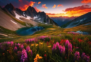 Obraz premium majestic mountain summits bathed vibrant sunset light rich colors dramatic skies, alpine, beauty, climbs, cliffs, dusk, exploration, expanse, geography