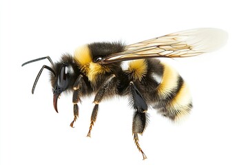 Wild American bumblebee - Bombus pensylvanicus - flying mid air with wings extended. Isolated on white background side profile view.generative ai