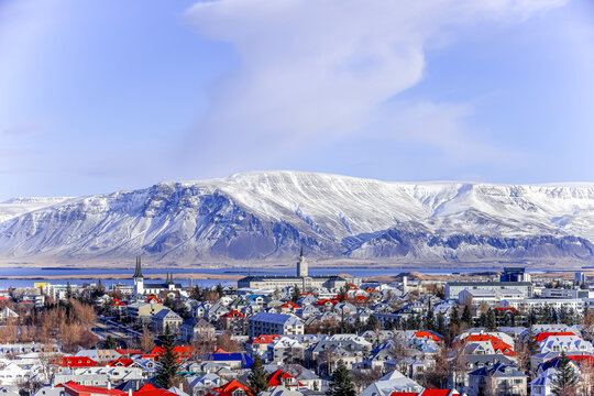 Cityscape with mountain backdrop, Reykjavik, Iceland