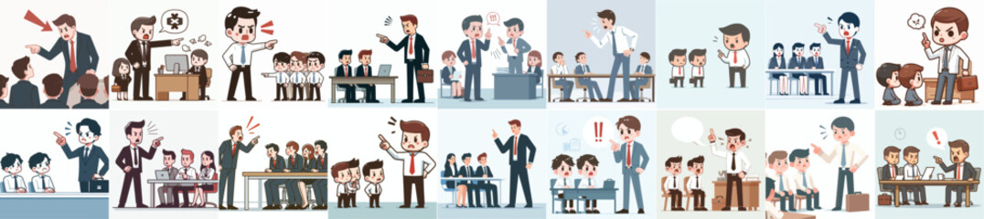 vector set of business people scolding employees in a simple and minimalist flat design style. white background