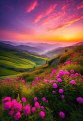 Obraz premium vibrant sunrise illuminating lush green hills surrounded colorful blossoming flowers, dawn, morning, light, bright, landscape, scenery, meadow, field, flora
