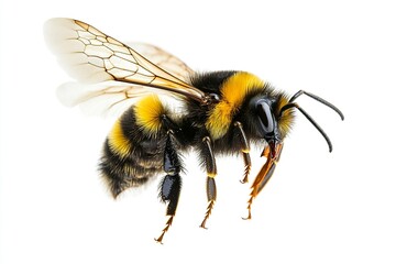 Wild American bumblebee - Bombus pensylvanicus - flying mid air with wings extended. Isolated on white background side profile view.generative ai