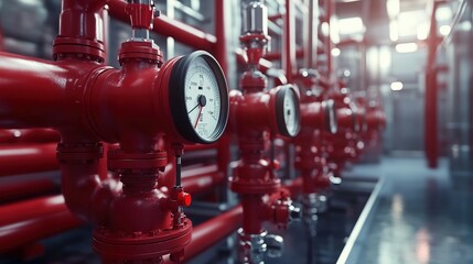Close-up of Red Industrial Pipes with Gauges and Valves