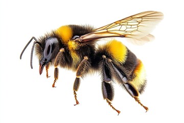 Wild American bumblebee - Bombus pensylvanicus - flying mid air with wings extended. Isolated on white background side profile view.generative ai
