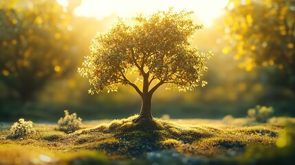 A classic 3D tree model with rich, realistic textures, set against a peaceful, blurred forest background