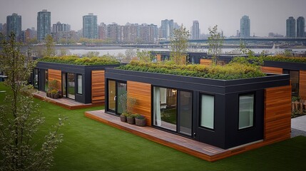 Compact modular urban homes with rooftop gardens in a bustling cityscape surrounded by greenery under soft daylight