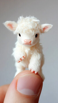 The world's smallest baby highland cow, a white calf perched on someone's finger, is undoubtedly cute and charming