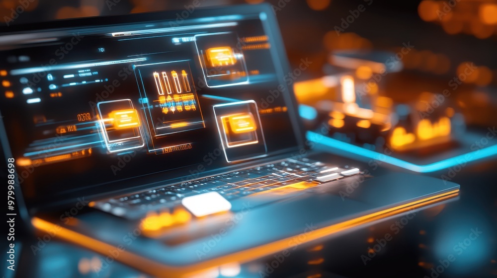 Poster a vibrant sale interface on a desktop computer, showcasing multiple cyber monday tech products with 