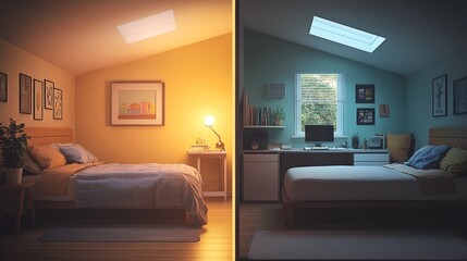 Cramped attic transformed into a cozy loft with minimalist decor and a skylight