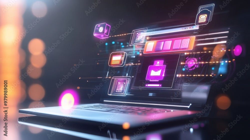 Poster a vibrant sale interface on a desktop computer, showcasing multiple cyber monday tech products with 