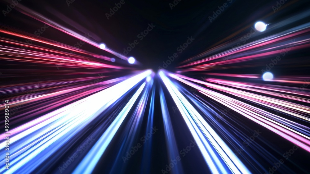 Poster captivating light trails converge in the distance against a black backdrop, blending into a dynamic 