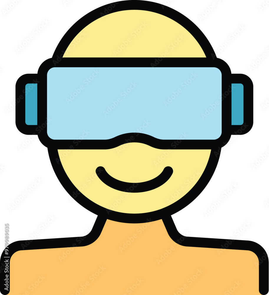 Poster smiling man is enjoying a virtual reality experience