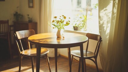 Cozy compact dining area featuring a foldable table and stackable chairs in a bright, minimalist design