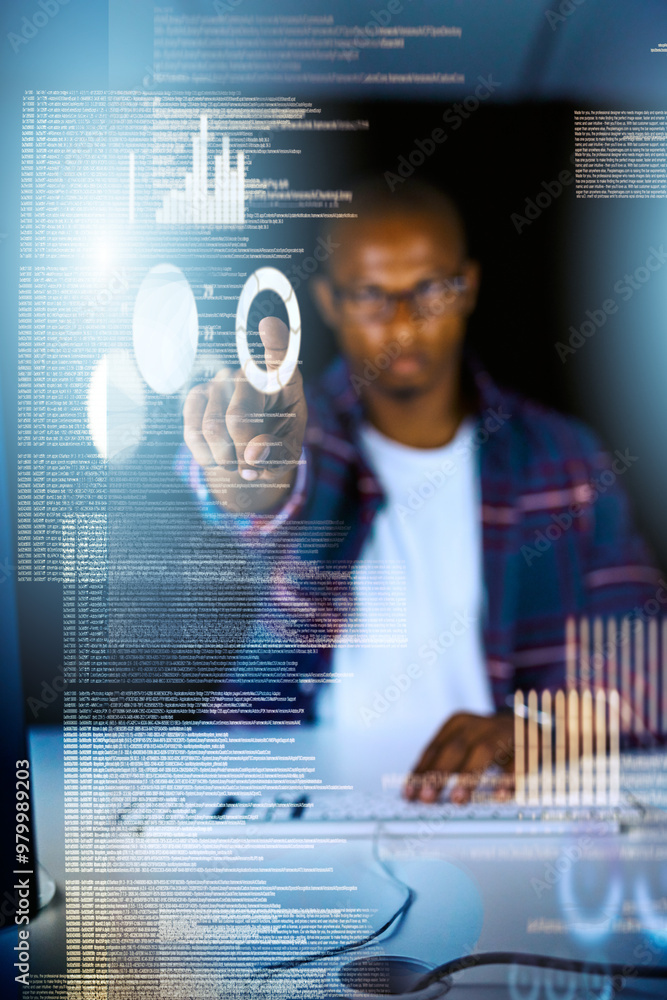 Leinwandbilder man, hand and programmer in office with hologram, selection and dashboard for web design. person, co