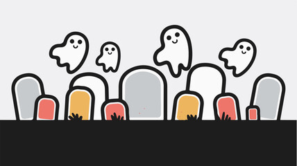 Cute Ghosts Floating Over Colorful Tombstones