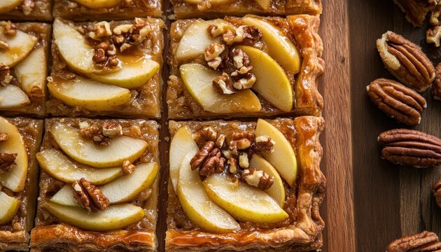 Puff pastry apple tart topped with apples walnuts and caramel sliced squares