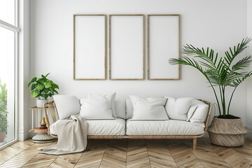 A white couch with three empty frames on it and a potted plant in the background.,