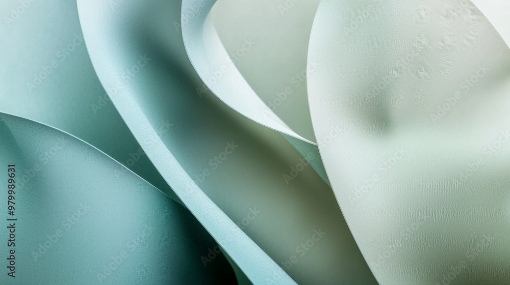 Poster smooth sheets of paper in delicate shades of green are gracefully curving and intertwining, creating