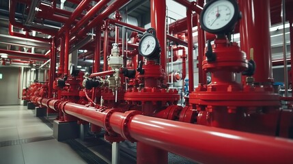 Fototapeta premium Red Fire Sprinkler System Piping with Gauges and Valves