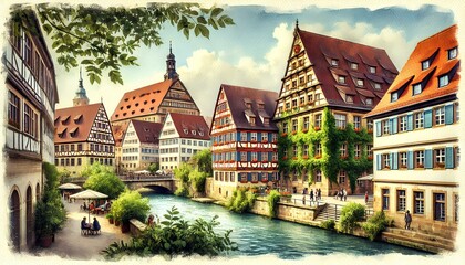 A watercolor painting of the University of Tübingen, featuring traditional German architecture, ivy-covered walls, and a serene campus.