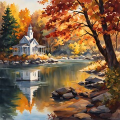 an autumn colored painting of a small castle by the river in the forest